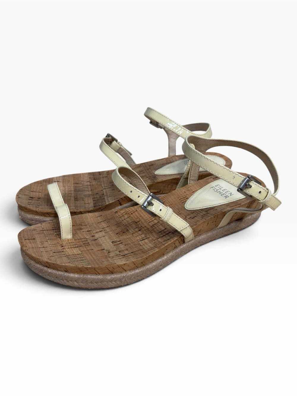 Eileen Fisher Cream Patent Leather Cork Toe Loop Espadrille Sandals Size 8.5